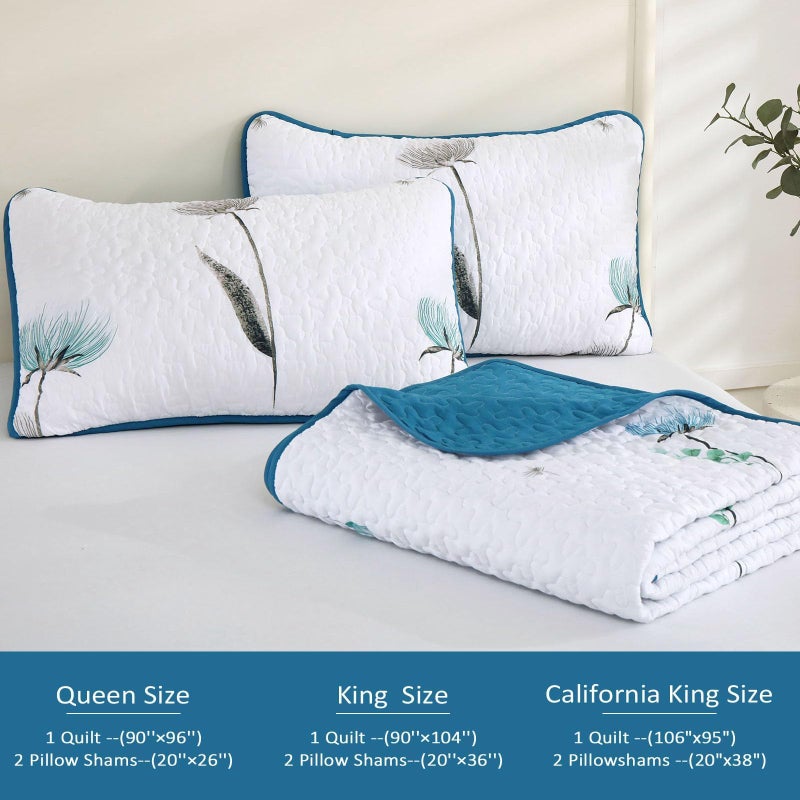 Dinjoy Floral Quilt Set Queen Size,Teal Bedspread Coverlet Botanical 3 Pieces Summer Quilts Microfiber Lightweight Blue Bedspreads White Soft Reversible Cute Bed Cover Sets for Fall Winter (96"x90") - Image 5