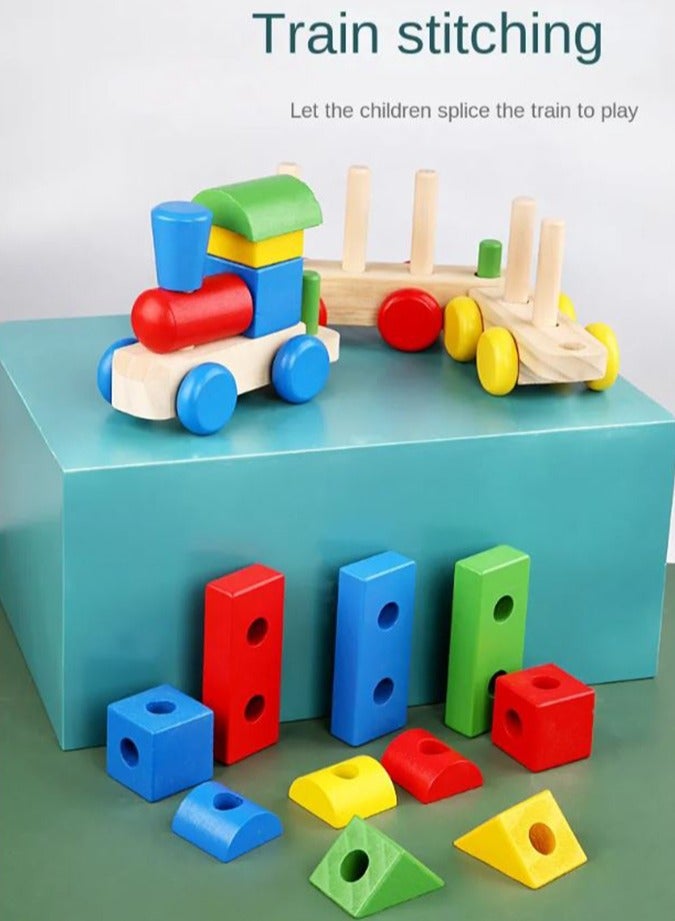 Filly مكعبات بناء للأطفال مكونة من ثلاثة أقسام قطار هندسي مجموعة أعمدة للأطفال ألعاب خشبية تعليمية مبكرة لإدراك الألوان والأشكال - Image 2