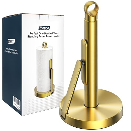 theaoo HeavyDuty Stainless Steel Paper Towel Holder with Tension Arm  Easy OneHanded Tear Modern Standing Countertop Dispenser for Kitchen Holds All Paper Towel Rolls 1 Gold