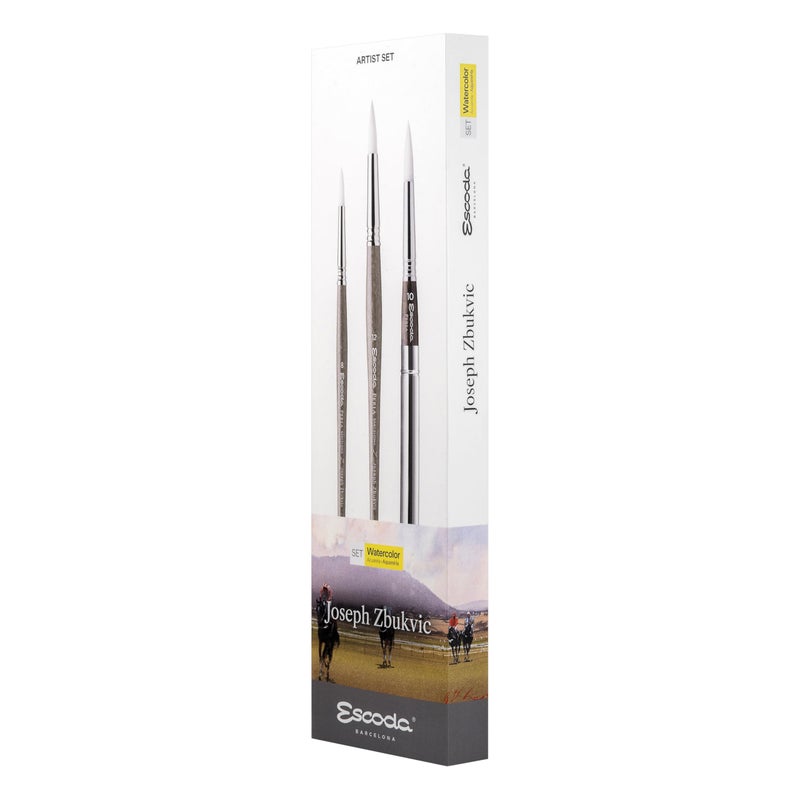 Escoda Signature Series Artist Watercolor Brush Set, Joseph Zbukvic Set #1, Perla Synthetic White Toray, Size (Round) 8, 12 & Size (Travel Round) 10 - Image 1