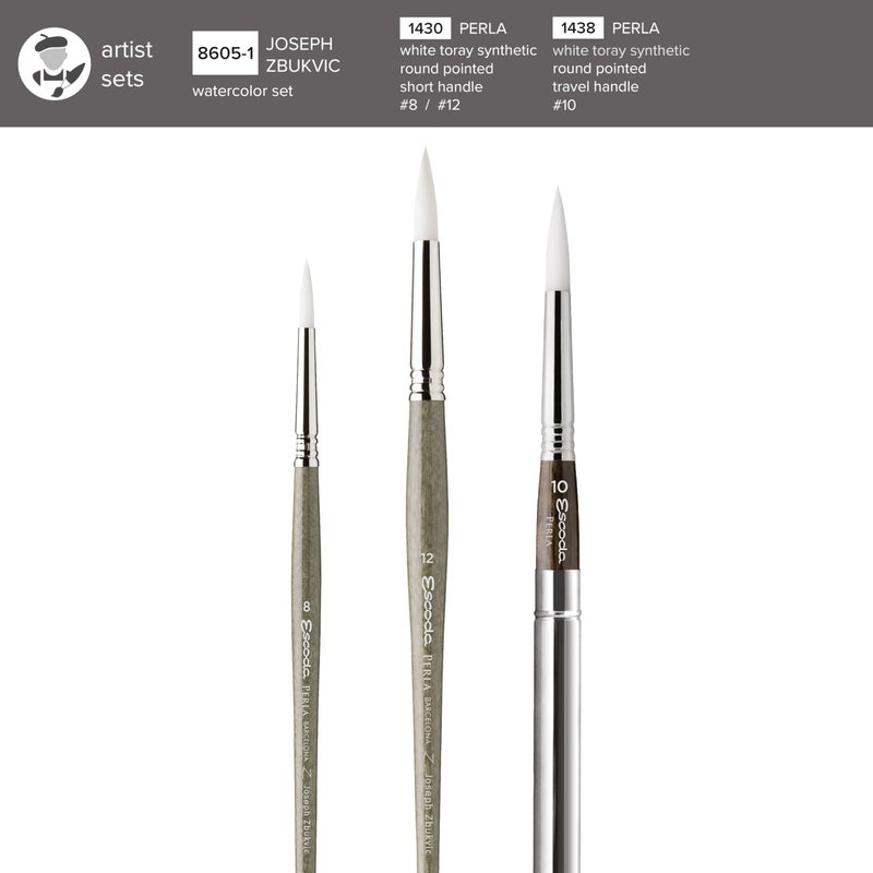 Escoda Signature Series Artist Watercolor Brush Set, Joseph Zbukvic Set #1, Perla Synthetic White Toray, Size (Round) 8, 12 & Size (Travel Round) 10 - Image 3