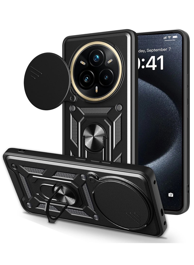 for realme 14 Pro 5G Case Cover, Slide Camera Lens Cover, Magnetic Ring Holder Kickstand Protective Phone Case for realme 14 Pro 5G, Black. - Image 1