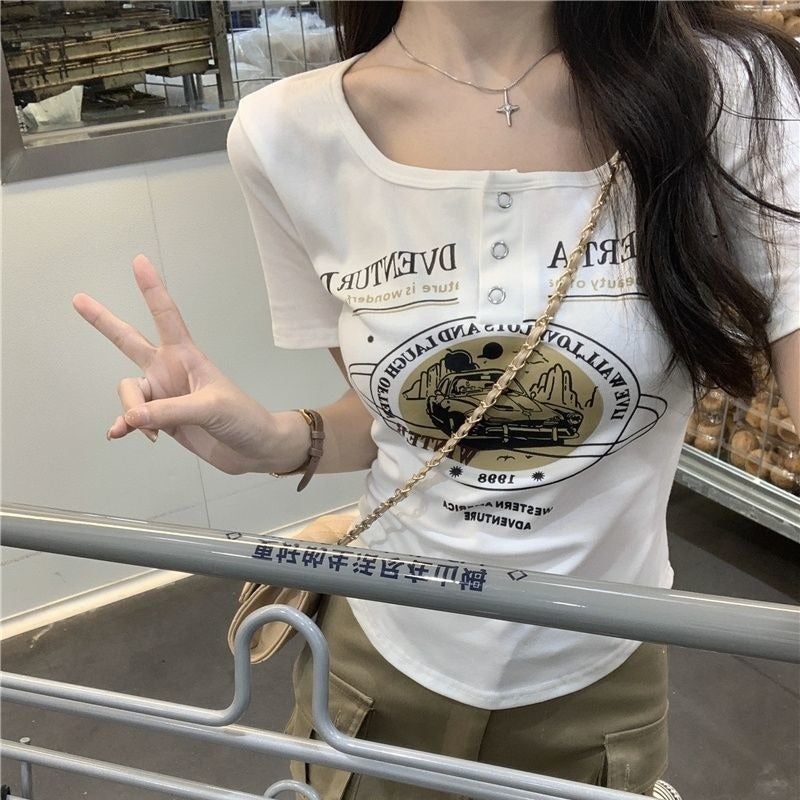 Pure Cotton Short T-Shirt For Women, Pure Desire, Sweet And Spicy Style, Asymmetrical Short Sleeves, Style, Slim Fit, Versatile Curved Top, Trendy - Image 5