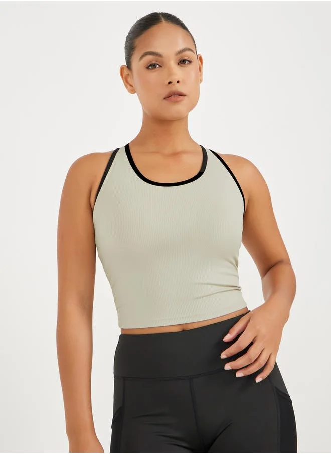 Styli Ribbed Racerback Longline Sports Bra with Contrast Piping