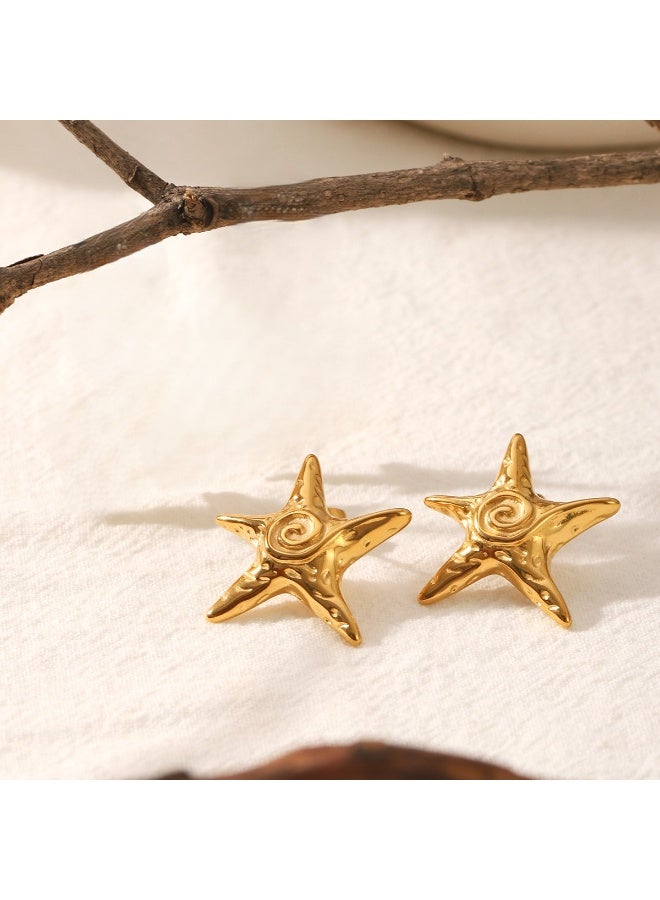 Ucanbe Vacation Style Hammered Starfish Earrings – Gold Plated Stainless Steel Ocean Themed Ear Jewelry - Image 4
