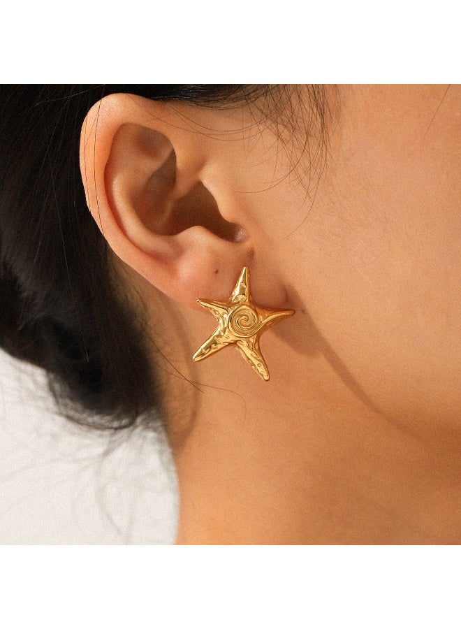 Ucanbe Vacation Style Hammered Starfish Earrings – Gold Plated Stainless Steel Ocean Themed Ear Jewelry - Image 3