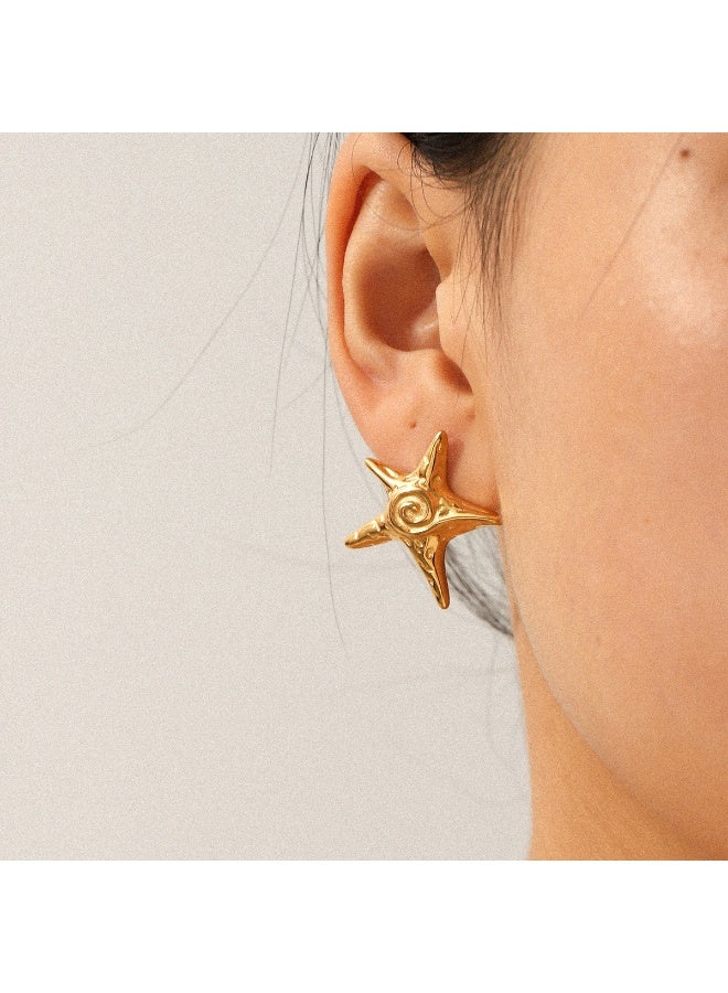 Ucanbe Vacation Style Hammered Starfish Earrings – Gold Plated Stainless Steel Ocean Themed Ear Jewelry - Image 1