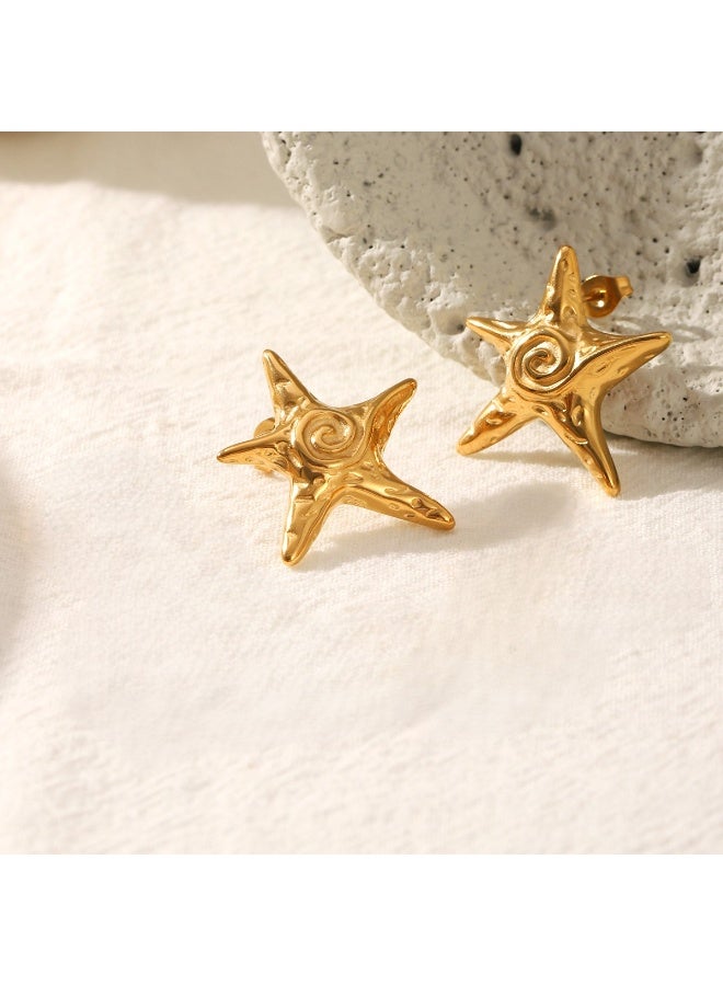Ucanbe Vacation Style Hammered Starfish Earrings – Gold Plated Stainless Steel Ocean Themed Ear Jewelry - Image 2