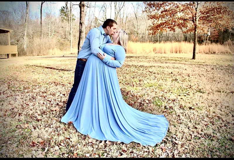 Saslax Maternity Off Shoulders Long Sleeve Half Circle Gown for Baby Shower Photo Props Dress Light Blue 59 Medium - Image 5