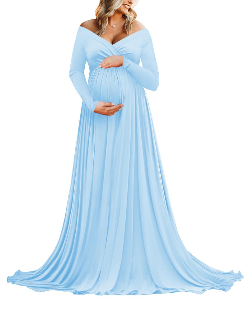 Saslax Maternity Off Shoulders Long Sleeve Half Circle Gown for Baby Shower Photo Props Dress Light Blue 59 Medium - Image 1