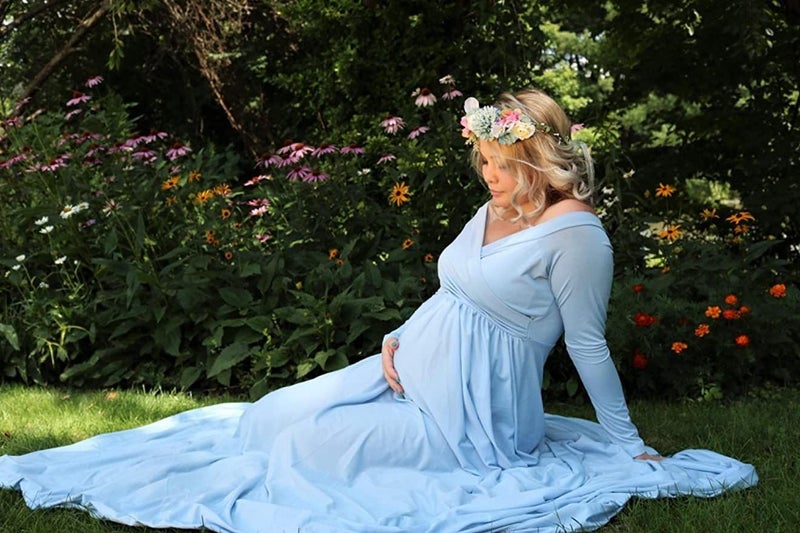 Saslax Maternity Off Shoulders Long Sleeve Half Circle Gown for Baby Shower Photo Props Dress Light Blue 59 Medium - Image 4