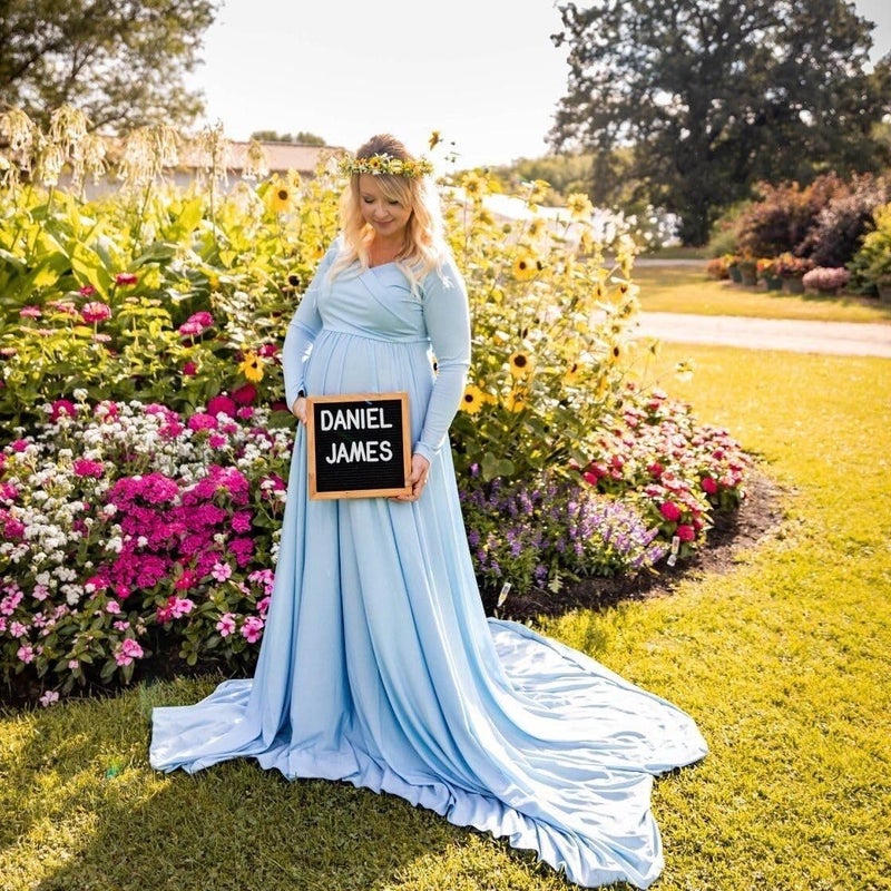 Saslax Maternity Off Shoulders Long Sleeve Half Circle Gown for Baby Shower Photo Props Dress Light Blue 59 Medium - Image 3