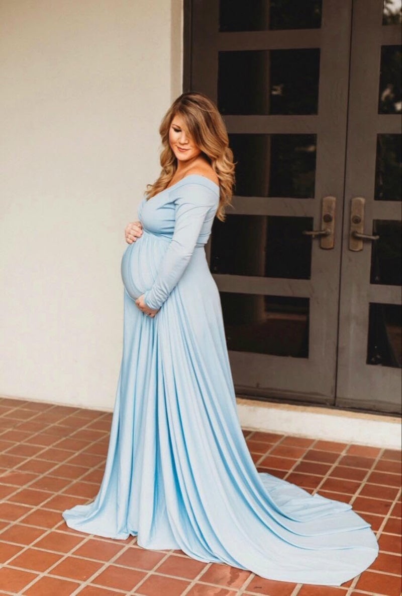 Saslax Maternity Off Shoulders Long Sleeve Half Circle Gown for Baby Shower Photo Props Dress Light Blue 59 Medium - Image 2