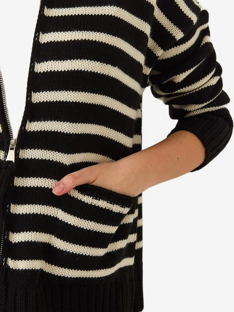 Bianco Lucci Striped Zip-Up Knitwear Cardigan with Pockets