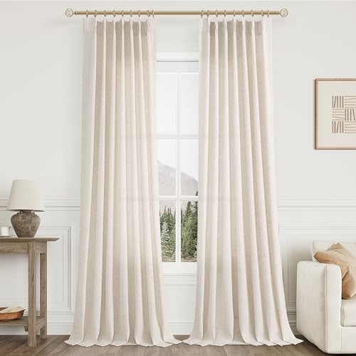 Aersas Pinch Pleated Linen Curtains 108 Inches long for Living Room 2 Panels Set Cream Beige Flax Pleat Drapes Back Tab Semi Sheer Neutral Boho Ceiling to Floor 108 Inch Curtains for Bedroom Window 9 FT - Image 1