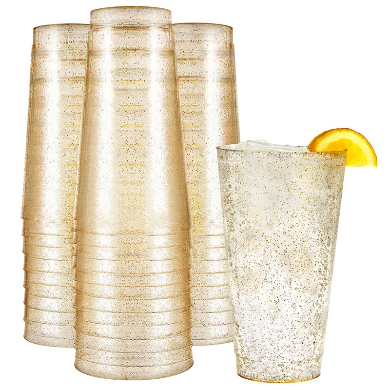 R-kay 16 oz Gold Glitter Plastic Cups For Party - 50 Pack Gold PLastic Cups - Hard Disposable Cups - Premium Heavy Duty Gold Cups - Disposable Cocktail Glasses - Party Cups (16 OZ) - Image 1