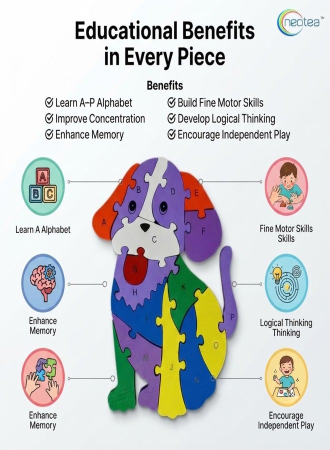 Neotea Wooden Dog Shaped 3D Puzzle | A-Z Alphabet Learning Blocks for Toddlers | Educational Toy for Kids | Fun Jigsaw Puzzle | Preschool Gift for Boys & Girls | Early Learning Animal Puzzle - Image 2