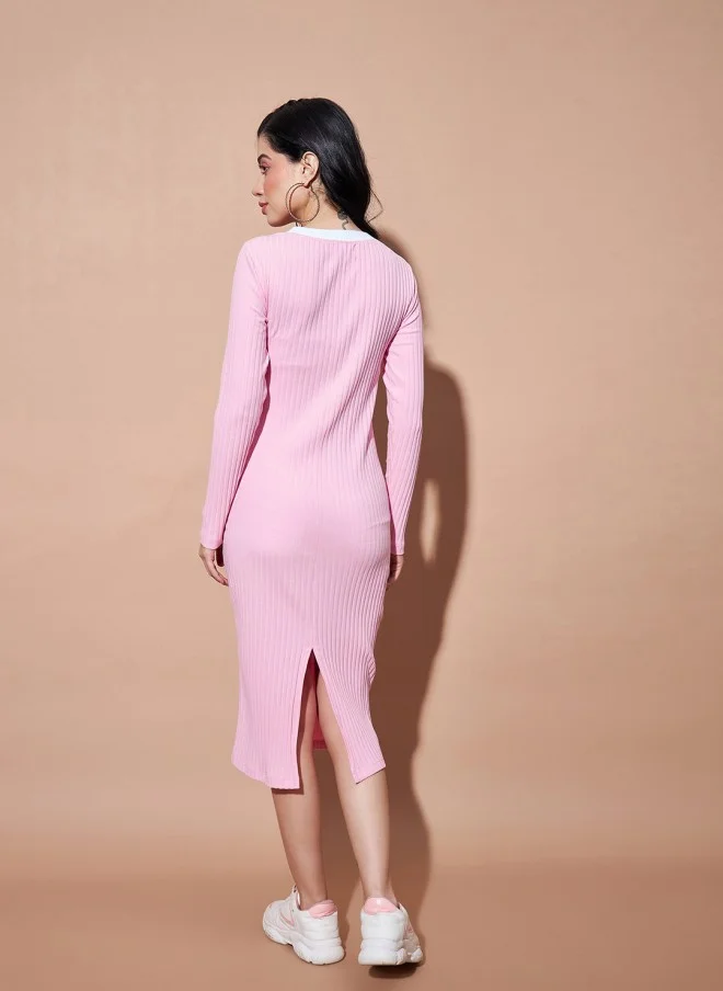 SASSAFRAS Pink Ribbed Bodycon Dress for Women