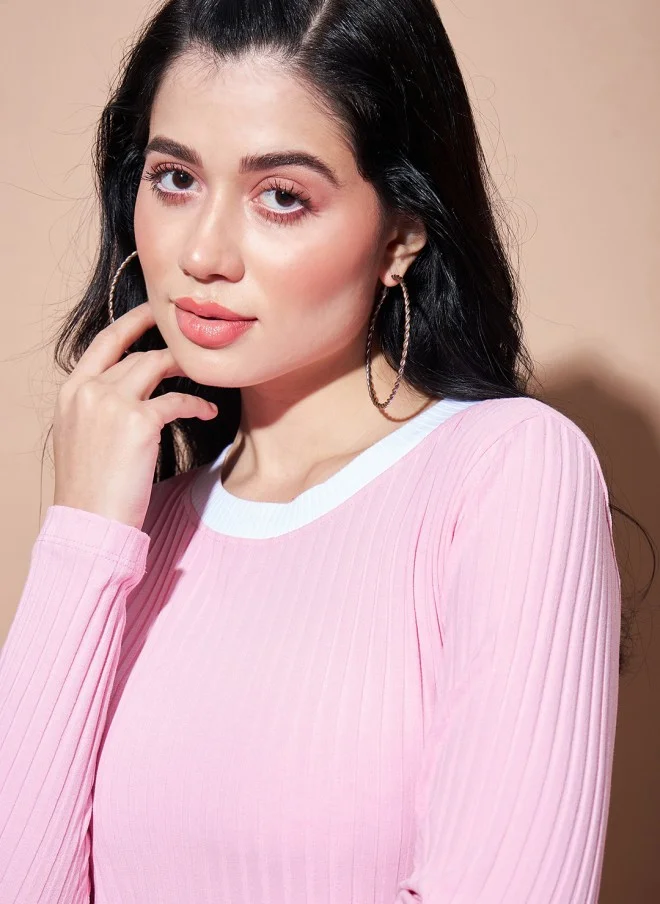 SASSAFRAS Pink Ribbed Bodycon Dress for Women
