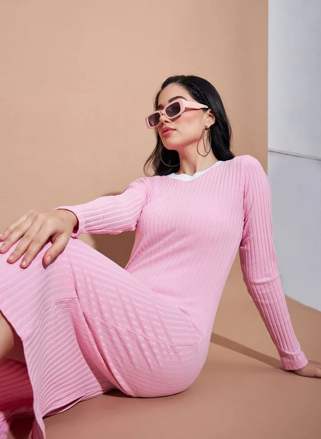 SASSAFRAS Pink Ribbed Bodycon Dress for Women