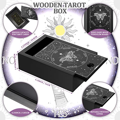 Yulejo Wooden Tarot Card Case and Stand Holder, Cards Box Fortune Telling Trinket Keepsake with Pendulum Board Moon Shape Altar Display for Witch (Stylish Style) - Image 2