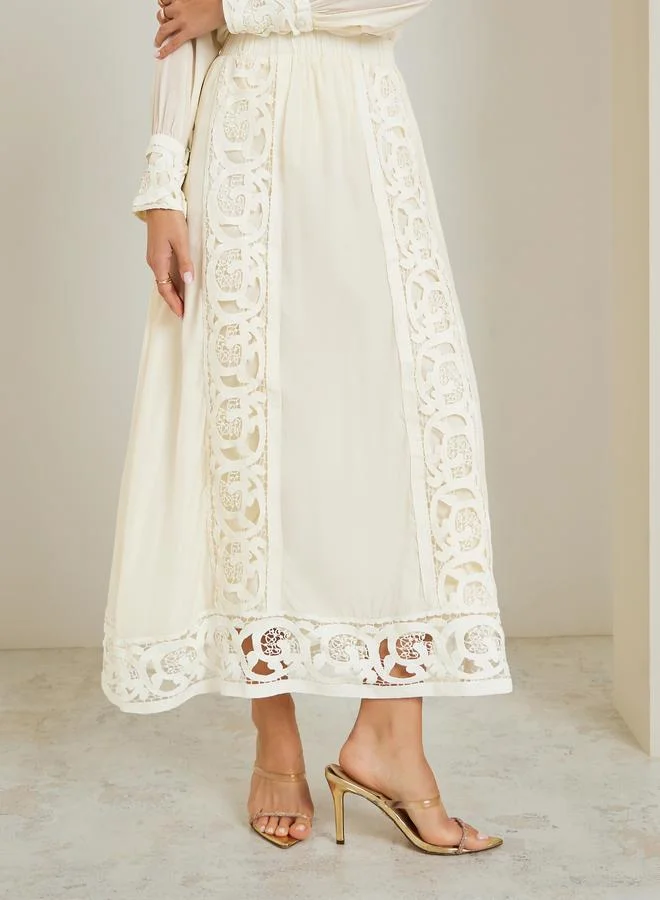 Styli Off White Cut-Out Lace Insert Maxi Skirt