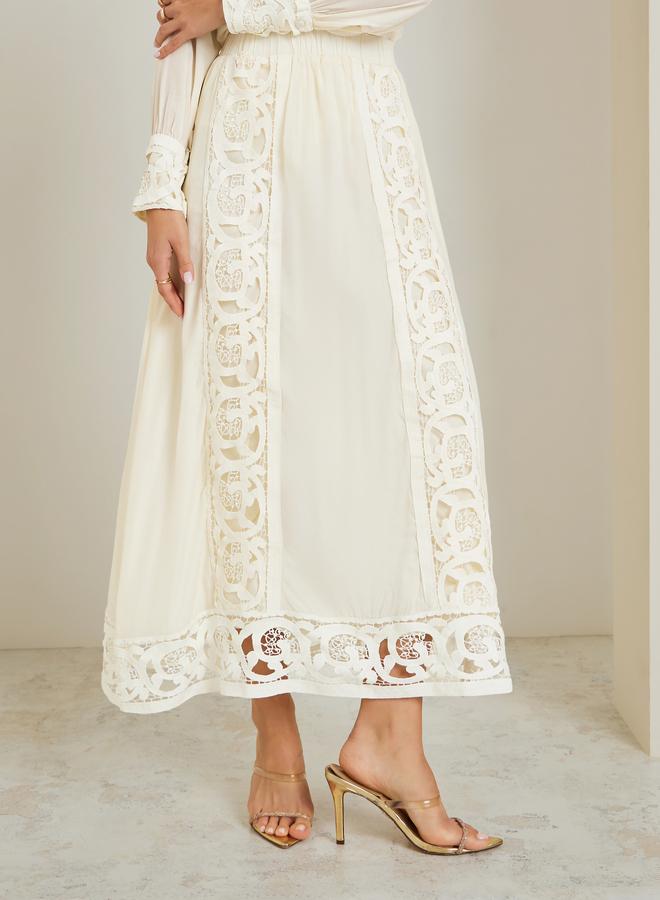 Styli Off White Cut-Out Lace Insert Maxi Skirt - Image 2
