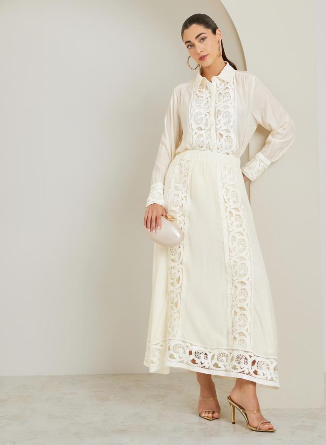 Styli Off White Cut-Out Lace Insert Maxi Skirt - Image 1