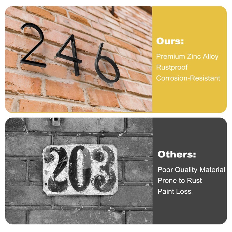 Briout 5" Modern House Numbers for Outside, Address Numbers for House with Nail Kits, Zinc Alloy Exterior House Numbers for Home Door Garden Street, High Gloss Black (6) - Image 4