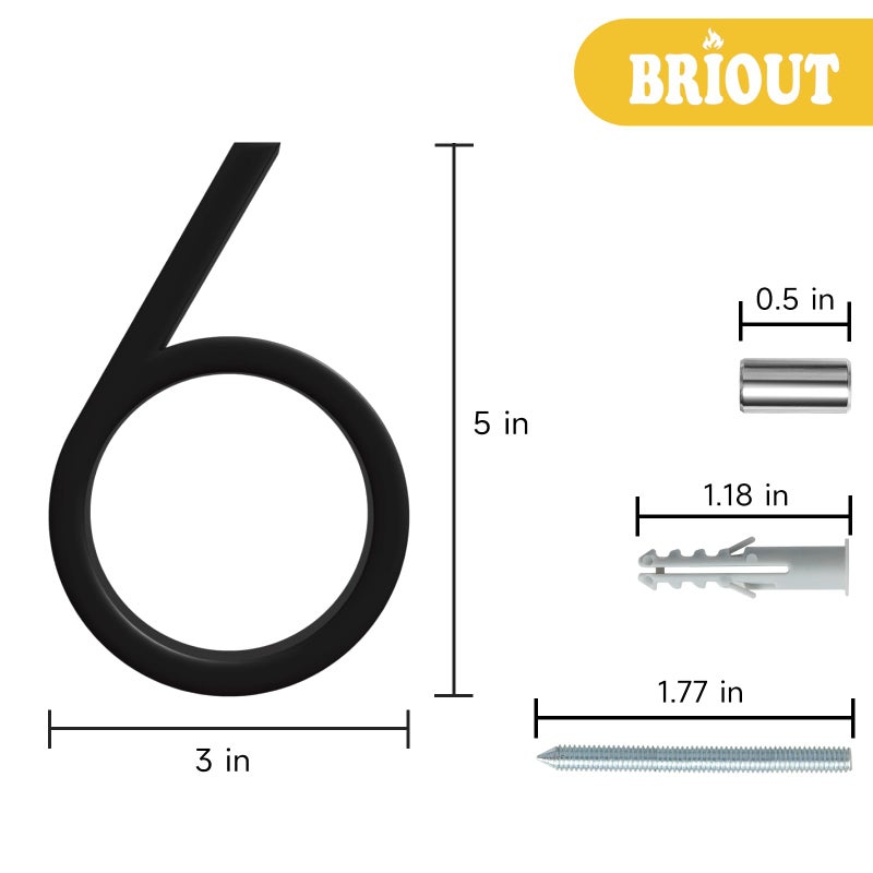 Briout 5" Modern House Numbers for Outside, Address Numbers for House with Nail Kits, Zinc Alloy Exterior House Numbers for Home Door Garden Street, High Gloss Black (6) - Image 2