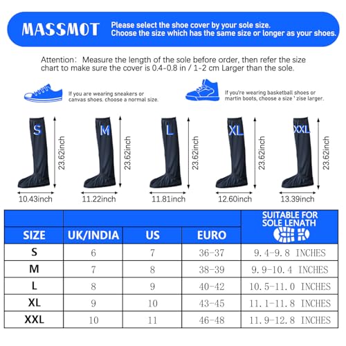 Massmot 23.62 Inch Rain Shoes Cover for Men Women, Tall Waterproof Shoe Cover Protector, Reusable PVC Shoe Cover for Rainy Season with Reflective Strips for Outdoor Activities and Rainy Season (Black, 9UK) - Image 2