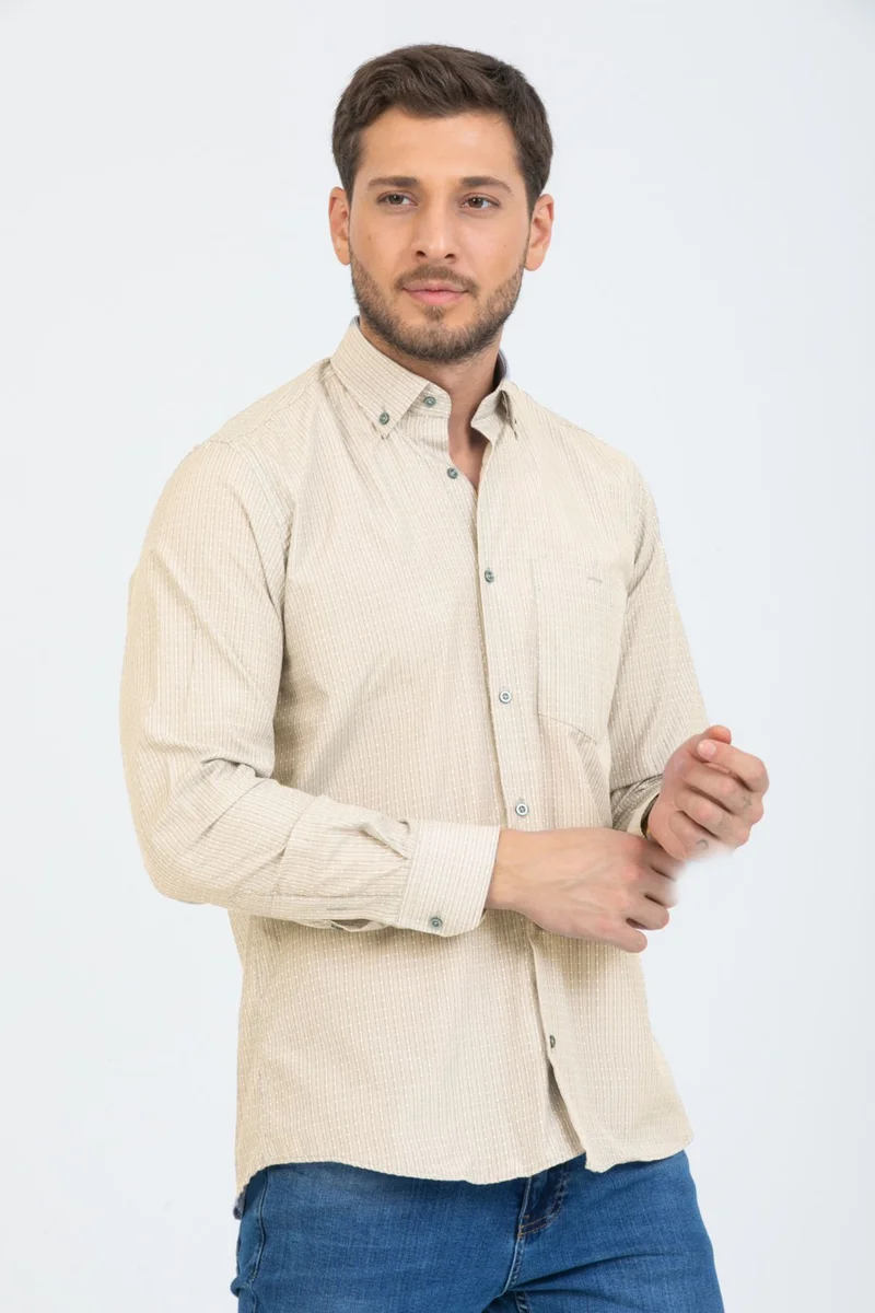 Varetta Men's Beige Checked Long Sleeve Pocket Collar Buttoned Shirt