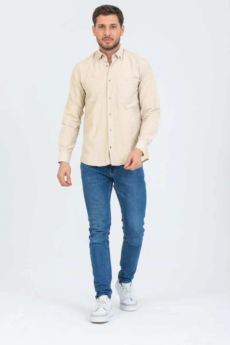 Varetta Men's Beige Checked Long Sleeve Pocket Collar Buttoned Shirt