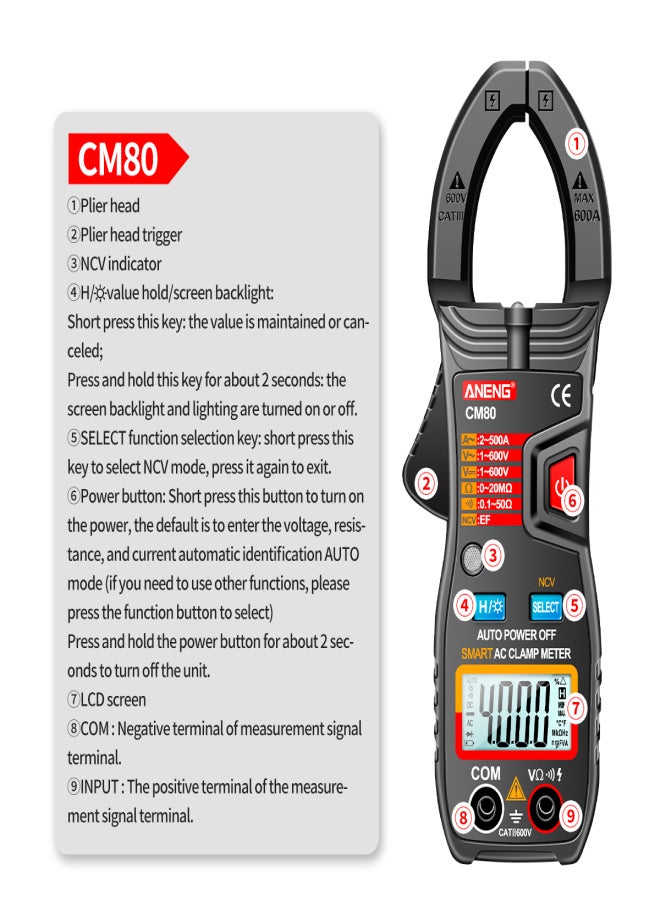 ANENG CM80 Clamp Meter Clamp Type Multimeter 4000 Counts Auto Range Voltmeter 500A AC Ammeter Resistance Meter with Flashlight - Image 2