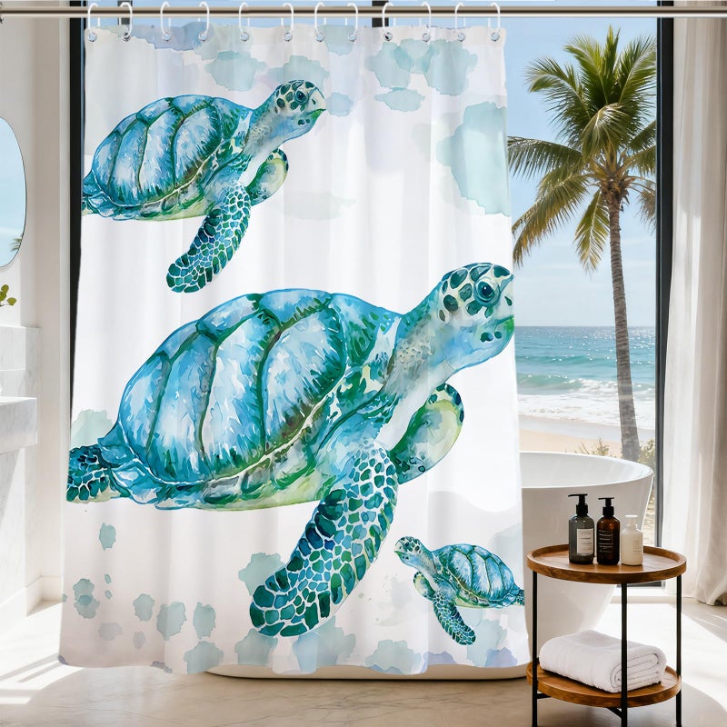 Final Friday Beach Nautical Sea Turtle Theme Fabric Shower Curtain Sets Ocean Family Bathroom Decor with Hooks Waterproof Washable 72 x 72 inches White Blue and Green - Image 1