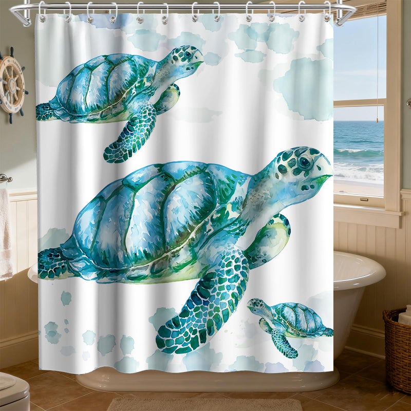 Final Friday Beach Nautical Sea Turtle Theme Fabric Shower Curtain Sets Ocean Family Bathroom Decor with Hooks Waterproof Washable 72 x 72 inches White Blue and Green - Image 2