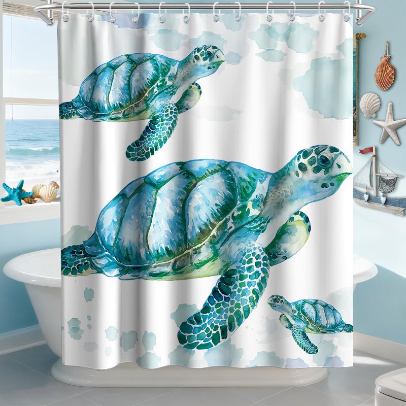 Final Friday Beach Nautical Sea Turtle Theme Fabric Shower Curtain Sets Ocean Family Bathroom Decor with Hooks Waterproof Washable 72 x 72 inches White Blue and Green - Image 3