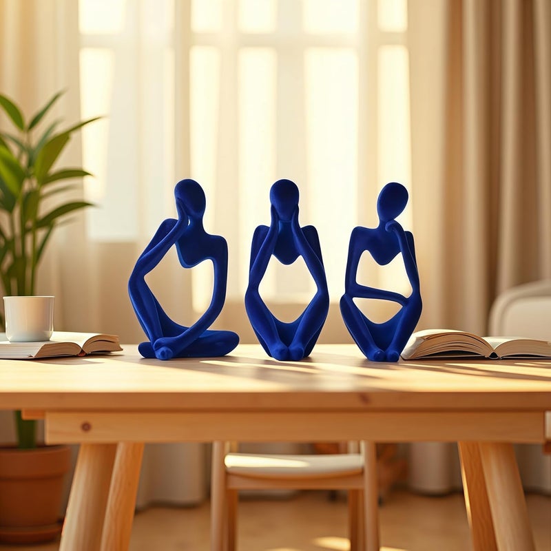 XINXUAN Thinker Statue Home Decor-Bookshelf & Living Room&Mantel-Collectible Figurines - 3 PCS Set (Flocking Blue) - Image 3
