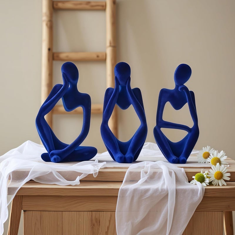 XINXUAN Thinker Statue Home Decor-Bookshelf & Living Room&Mantel-Collectible Figurines - 3 PCS Set (Flocking Blue) - Image 2
