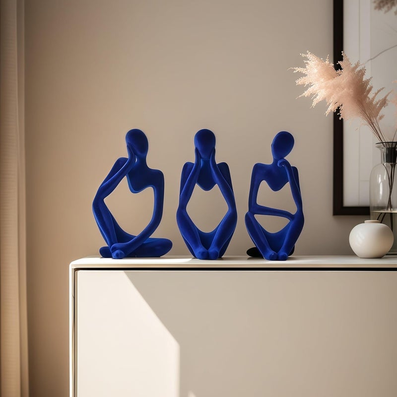 XINXUAN Thinker Statue Home Decor-Bookshelf & Living Room&Mantel-Collectible Figurines - 3 PCS Set (Flocking Blue) - Image 4