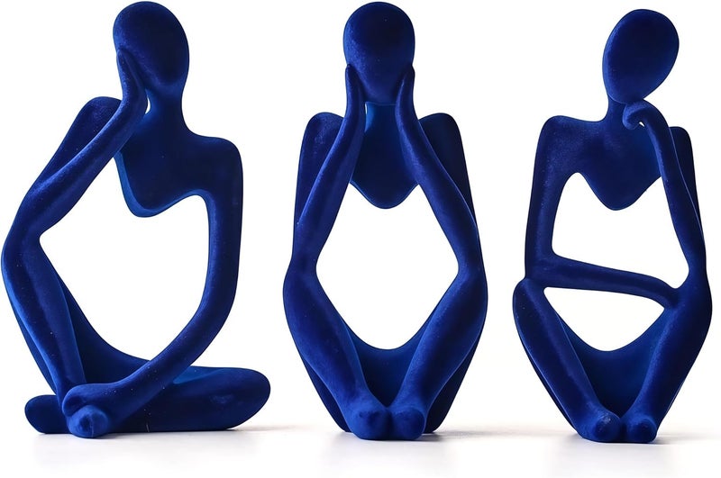 XINXUAN Thinker Statue Home Decor-Bookshelf & Living Room&Mantel-Collectible Figurines - 3 PCS Set (Flocking Blue) - Image 1