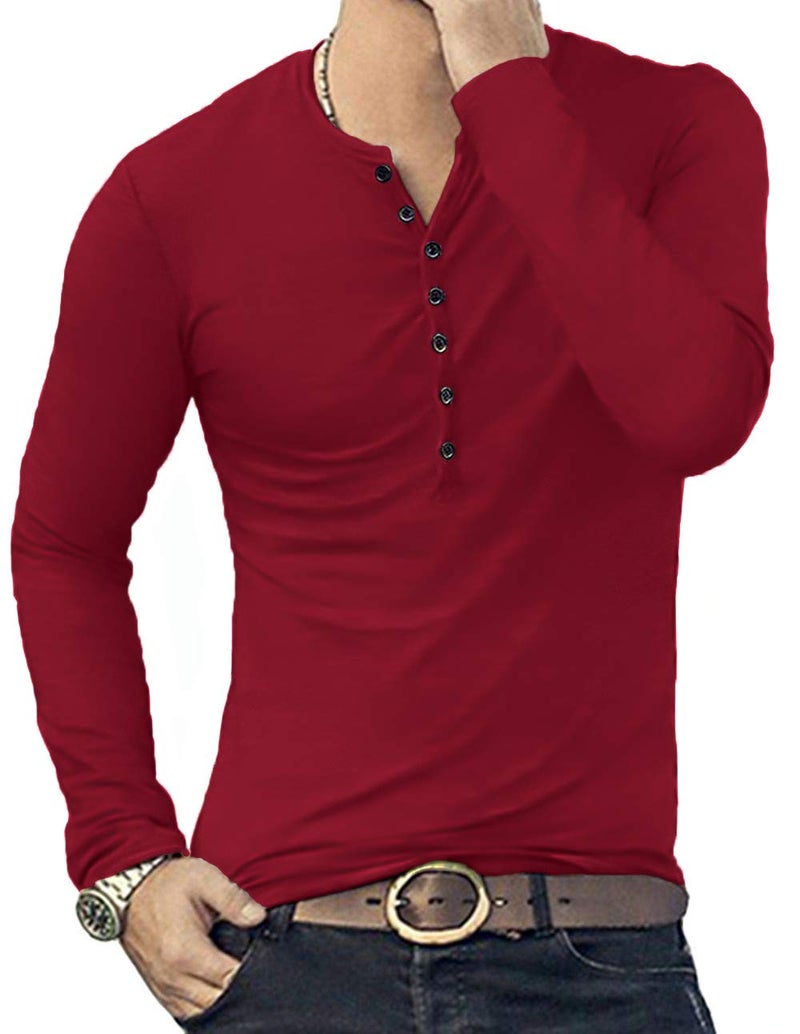 YTD Mens Casual Slim Fit Basic Henley Long Sleeve Fashion T-Shirts M Wine Red - Image 4
