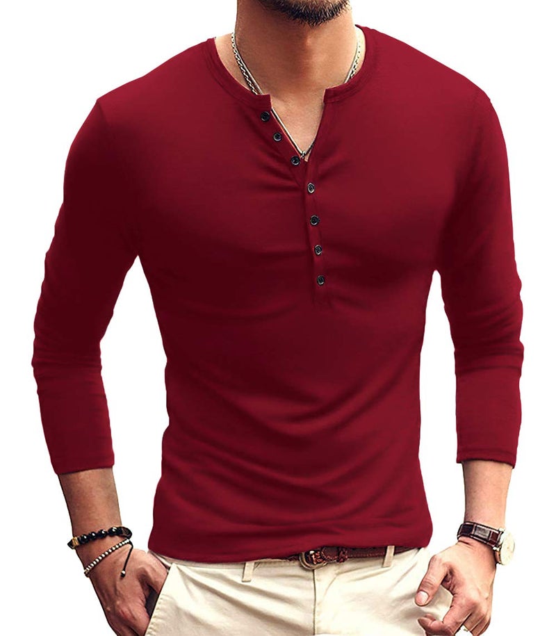 YTD Mens Casual Slim Fit Basic Henley Long Sleeve Fashion T-Shirts M Wine Red - Image 1