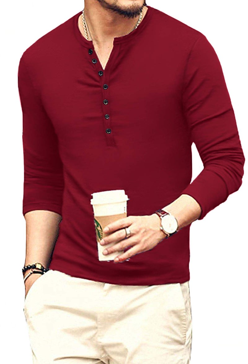 YTD Mens Casual Slim Fit Basic Henley Long Sleeve Fashion T-Shirts M Wine Red - Image 2