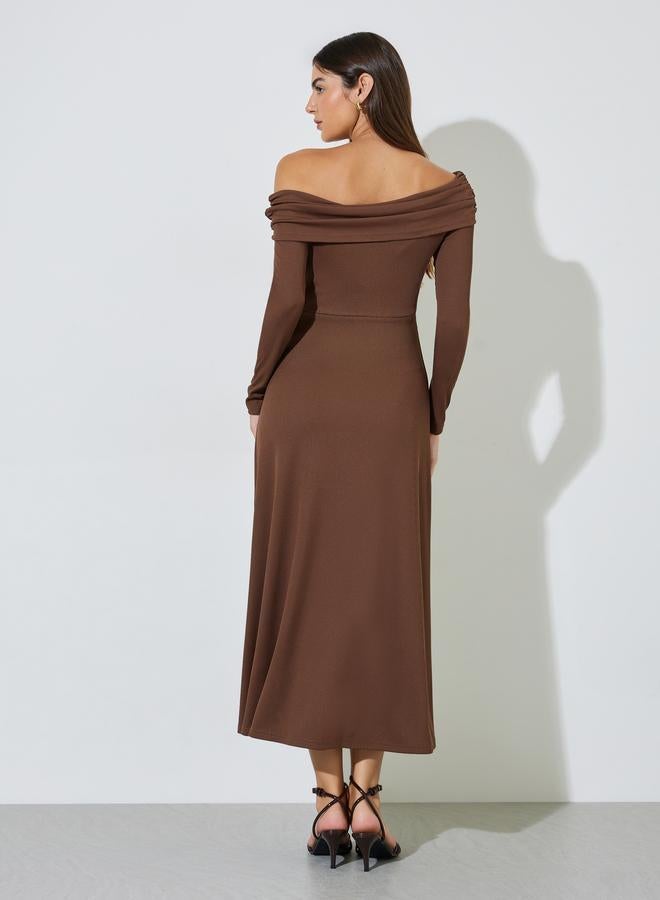 Styli Brown Ribbed Off Shoulder Neck A-Line Maxi Dress - Image 3