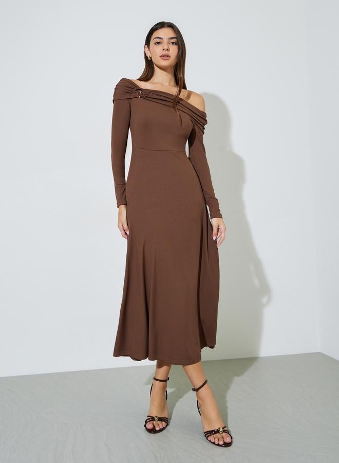 Styli Brown Ribbed Off Shoulder Neck A-Line Maxi Dress - Image 1