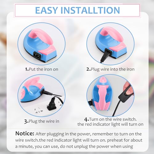 Honoson Mini Craft Iron Mini Heat Press Small Iron 3.93 x 2.36 x 2.76 in Portable Handy Tiny Flatiron with Charging Base Accessory for Fuse Bead Patch DIY Heat Transfer Vinyl(Dark Pink,Sky Blue) - Image 3