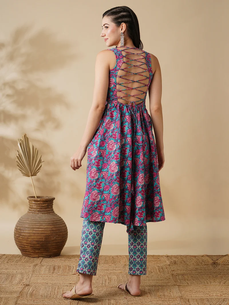 globus Women V-Neck Floral Printed Panelled Pure Cotton A-Line Kurta With Trousers