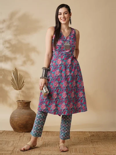 globus Women V-Neck Floral Printed Panelled Pure Cotton A-Line Kurta With Trousers