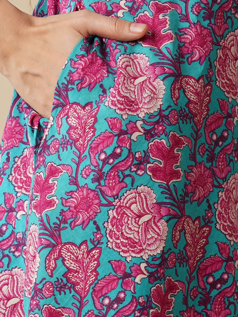 globus Women V-Neck Floral Printed Panelled Pure Cotton A-Line Kurta With Trousers